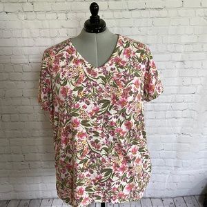 LANE BRYANT SIZE 26/28 SHORT SLEEVE BLOUSE, FLORAL, RUCHED SIDES, V NECK